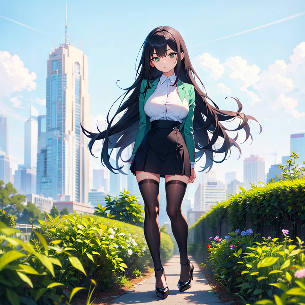 (solo), 1 skinny girl standing, short torso, skinny long legs, bursting huge breasts, inconceivably narrow waist, swaying back, arms behind back, BREAK, green blazer, green high-waist skirt, thigh gap, black thighhighs, stiletto heels