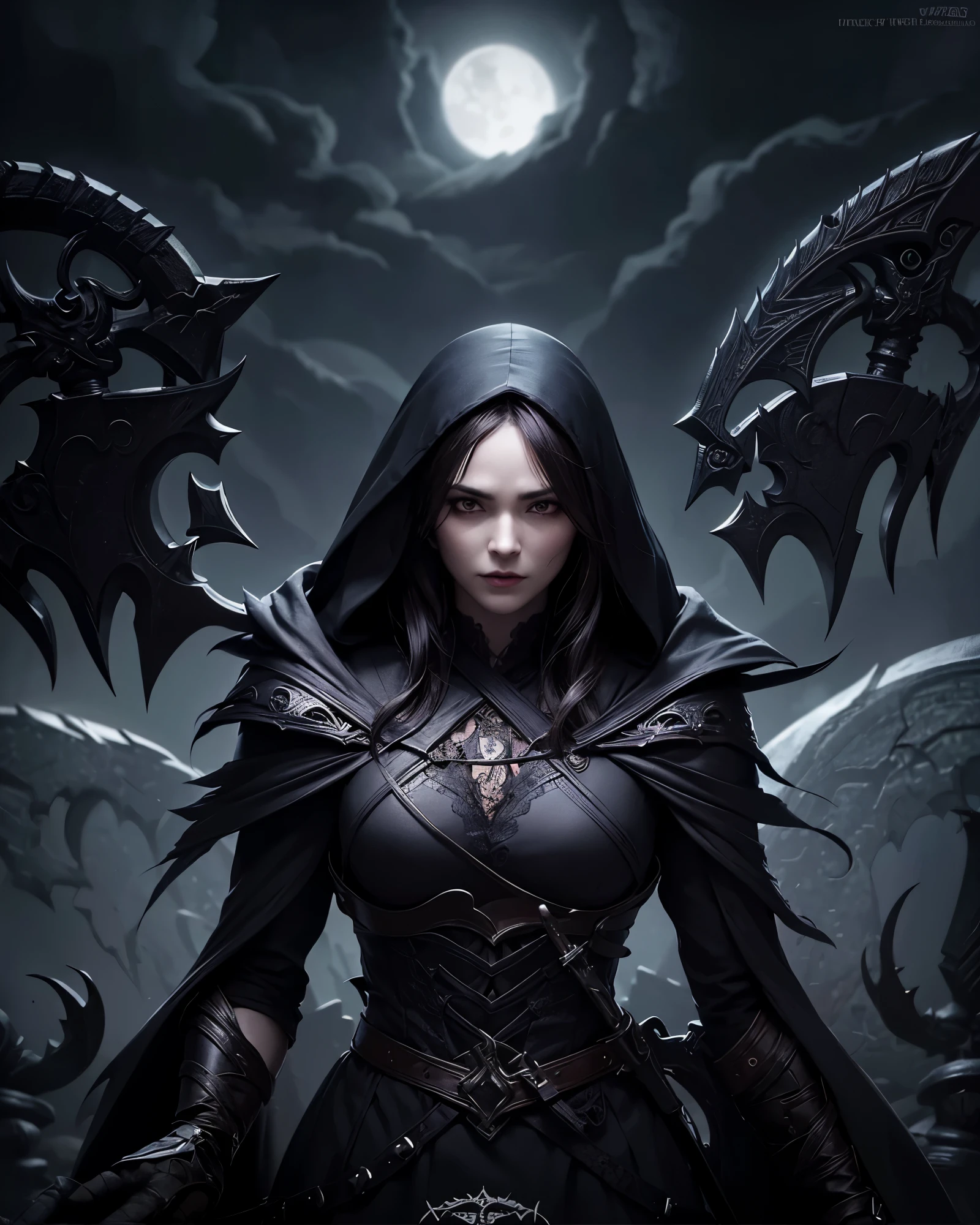 a female grimm reaper warrior, dark hooded robe, scythe weapon, gothic fantasy, intricate details, dark moody lighting, dramatic pose, intense glowing eyes, detailed facial features, long flowing hair, dark shadowy background, photorealistic, 8k, highly detailed, cinematic, dramatic lighting, dramatic atmosphere, striking pose