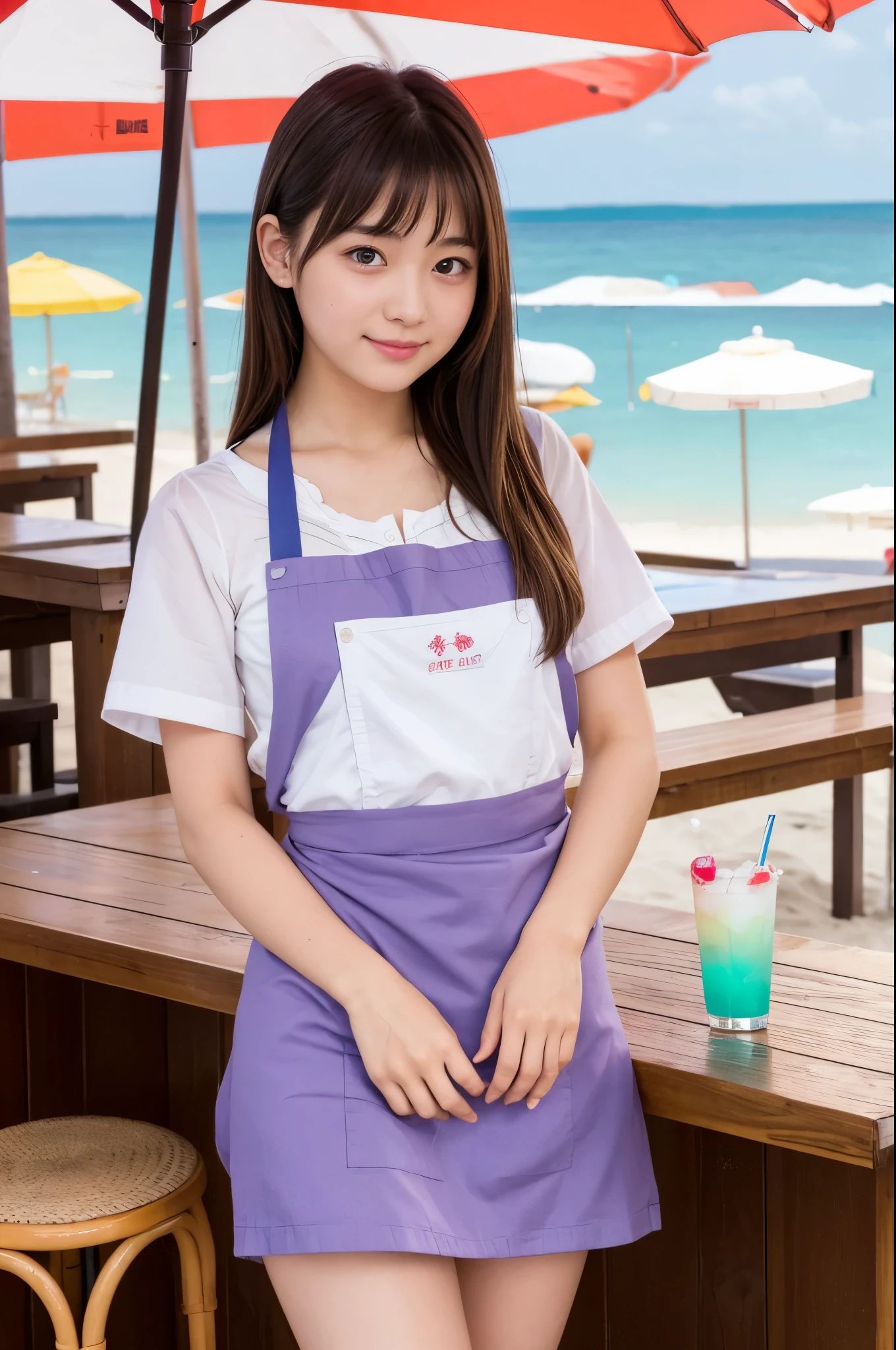 A girl (2, Japanese cute face) are wearing pink apron, mini skirt at the beach bar