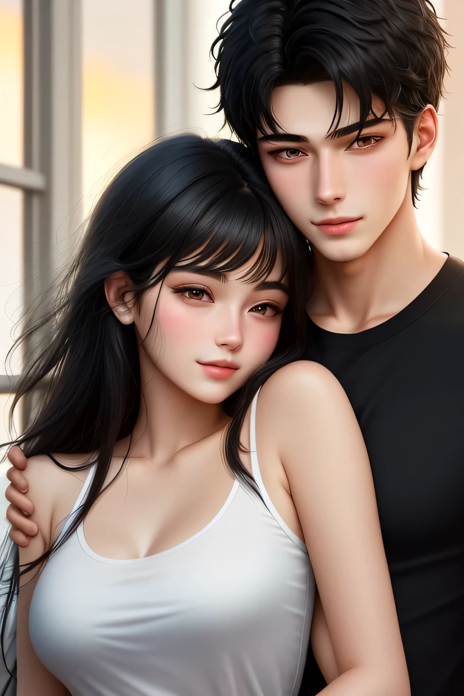 Man and woman, drunk alcohol, aggressive kissing kiss, Man Hugging woman from back and kissing, Lovers. Hand on the waist. Hand on the neck. Hand on the face. 
20-year-old boy and 18-year-old girl. cute, sunny, warm vibes, Handsome-cool-warm-boy with black hair and hot-seductive-sexy-cute-beautiful-girl with black hair and blushing face. Intimate vibes. Detailed face, Detailed eyes, double eyelid, 