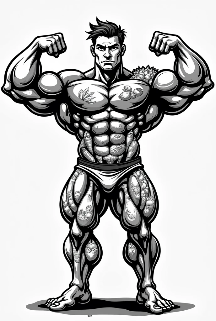 Body building logo poster black and white  cartoons and nutritious food inside the body