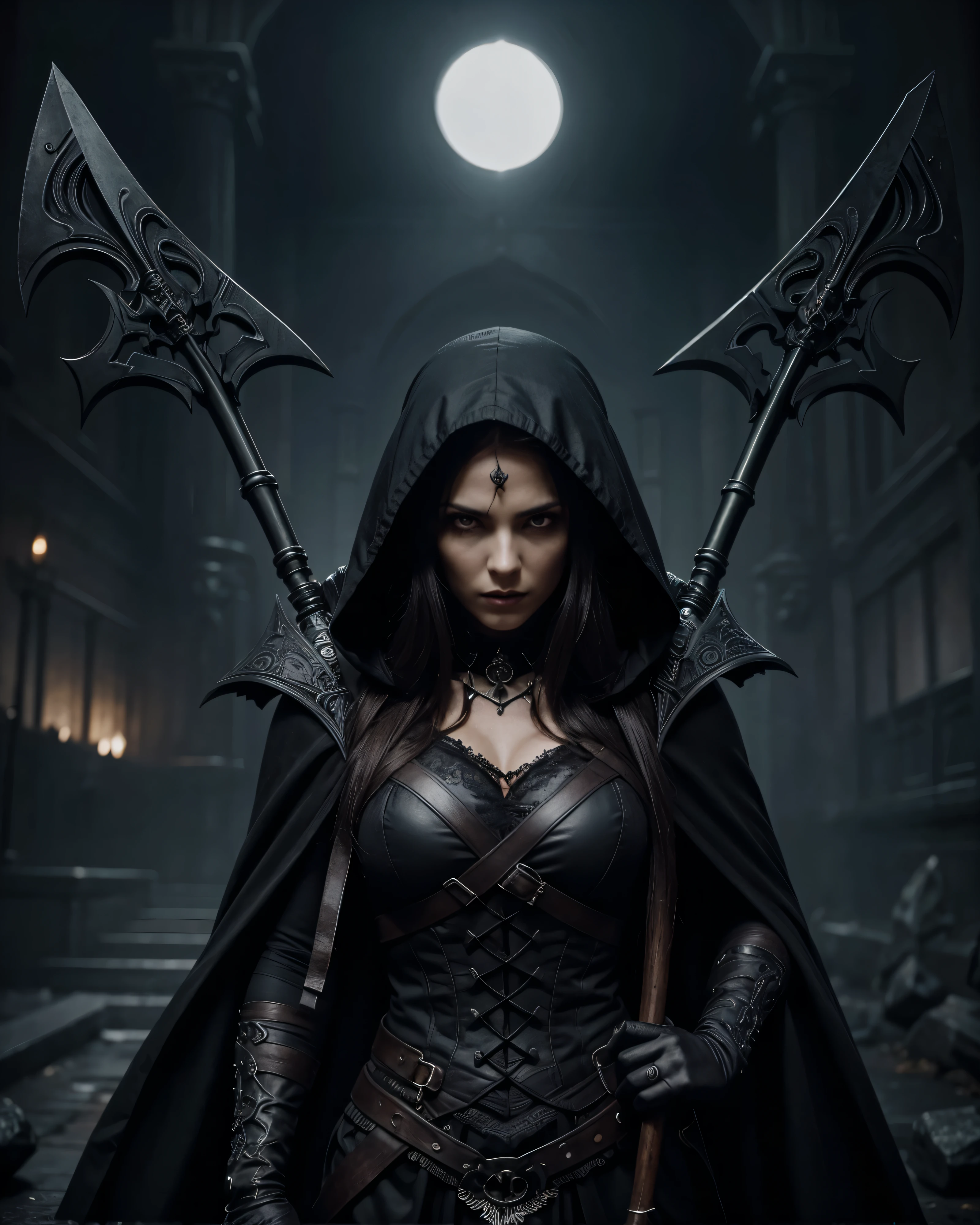 a female grimm reaper warrior, dark hooded robe, scythe weapon, gothic fantasy, intricate details, dark moody lighting, dramatic pose, intense glowing eyes, detailed facial features, long flowing hair, dark shadowy background, photorealistic, 8k, highly detailed, cinematic, dramatic lighting, dramatic atmosphere, striking pose