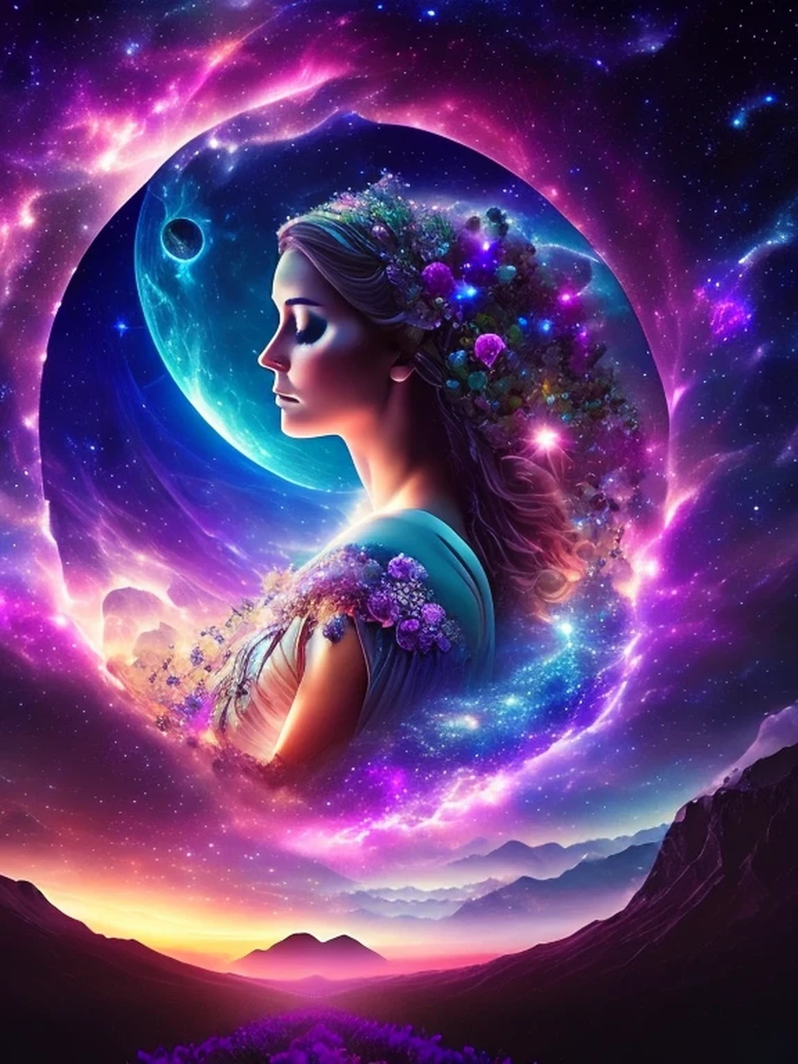 The Cosmic Echoes, Quiet Moments, Quiet Dawn, Journey Into Space, Mystical Dreamer, Astral Traveling, Inner Beauty, Starlight and You, Space Princess, Floating Through Space, Night Flower, Visions of a New World (Phase I), ((masterpiece, best quality, digital imaging, high resolution photography))