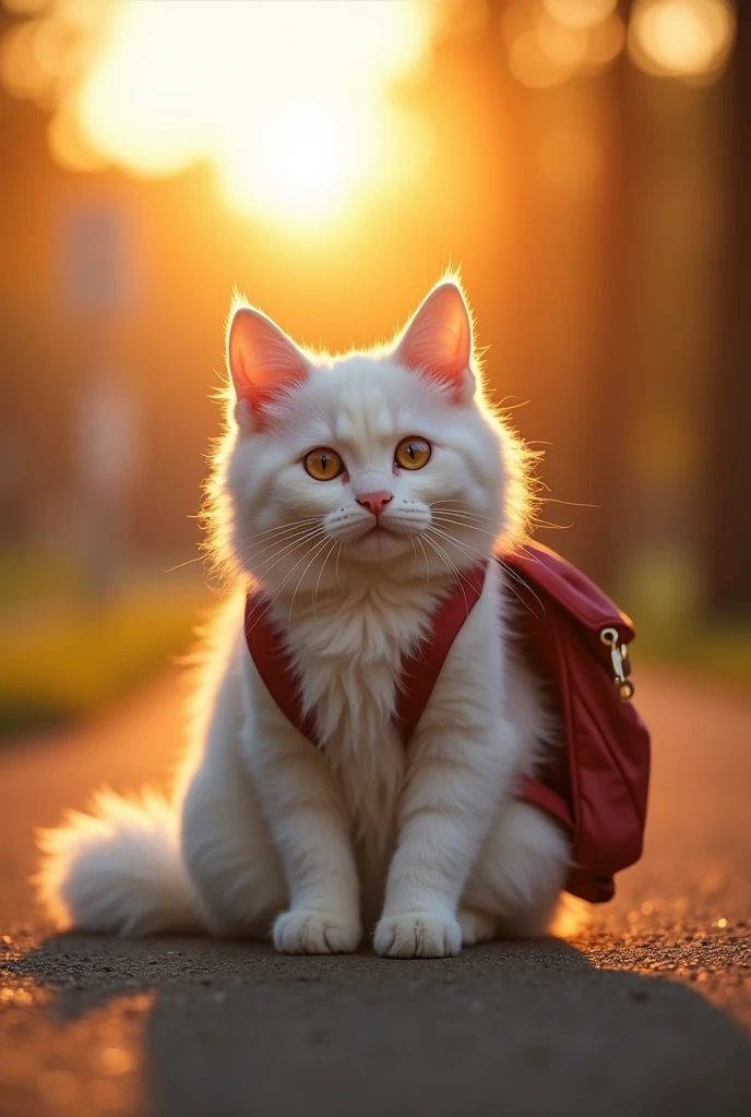 a beautiful cat girl with a backpack sitting on the ground, lovely cute cat girl, white cat girl, during the golden hour, at sunset, warm golden light, golden hour, soft golden glow, shot during golden hour, by Yang J, cat photography, sunrise light