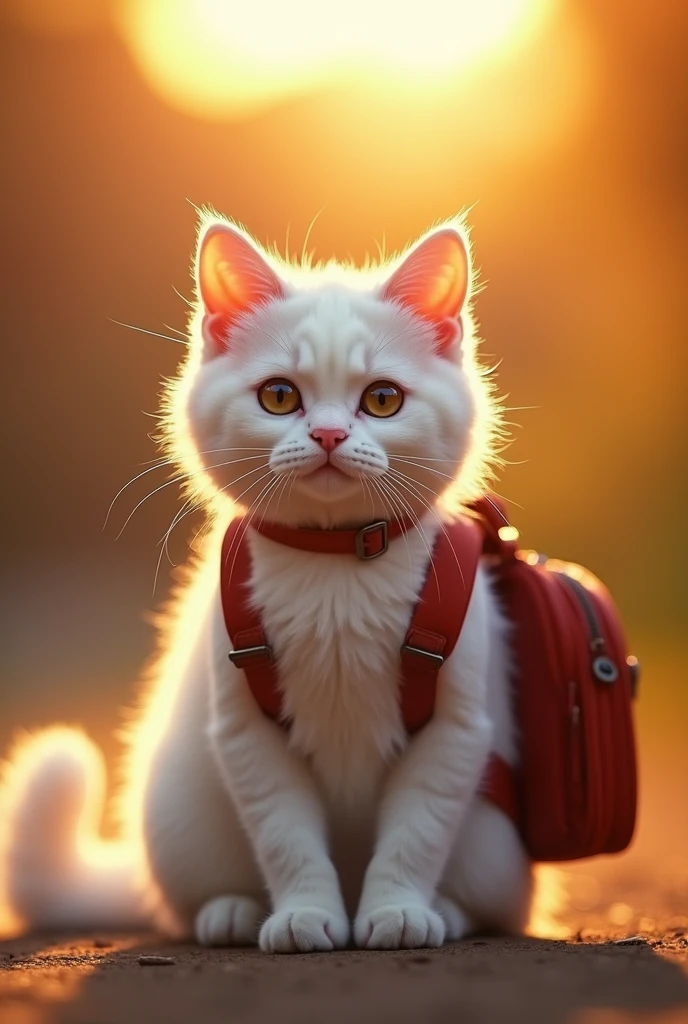 a beautiful cat girl with a backpack sitting on the ground, lovely cute cat girl, white cat girl, during the golden hour, at sunset, warm golden light, golden hour, soft golden glow, shot during golden hour, by Yang J, cat photography, sunrise light