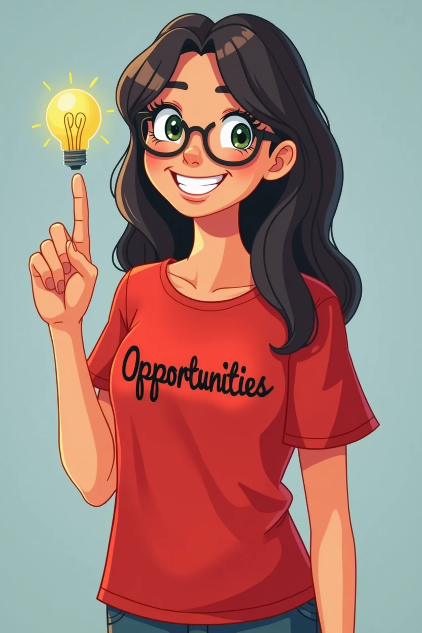 Create a student with a red t-shirt and that shirt has in black letters that say Opportunities with a raised finger as if an idea had occurred to her, that it be animated as a cartoon