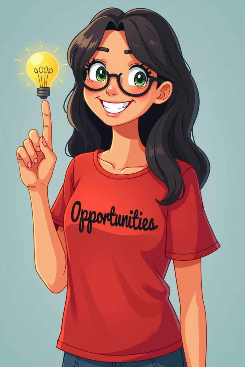 Create a student with a red t-shirt and that shirt has in black letters that say Opportunities with a raised finger as if an idea had occurred to her, that it be animated as a cartoon