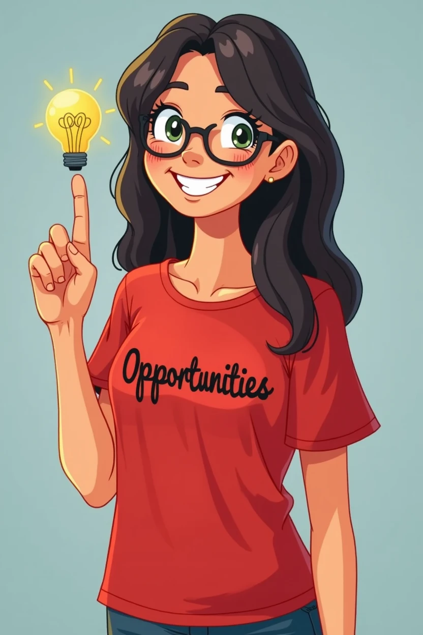 Create a student with a red t-shirt and that shirt has in black letters that say Opportunities with a raised finger as if an idea had occurred to her, that it be animated as a cartoon