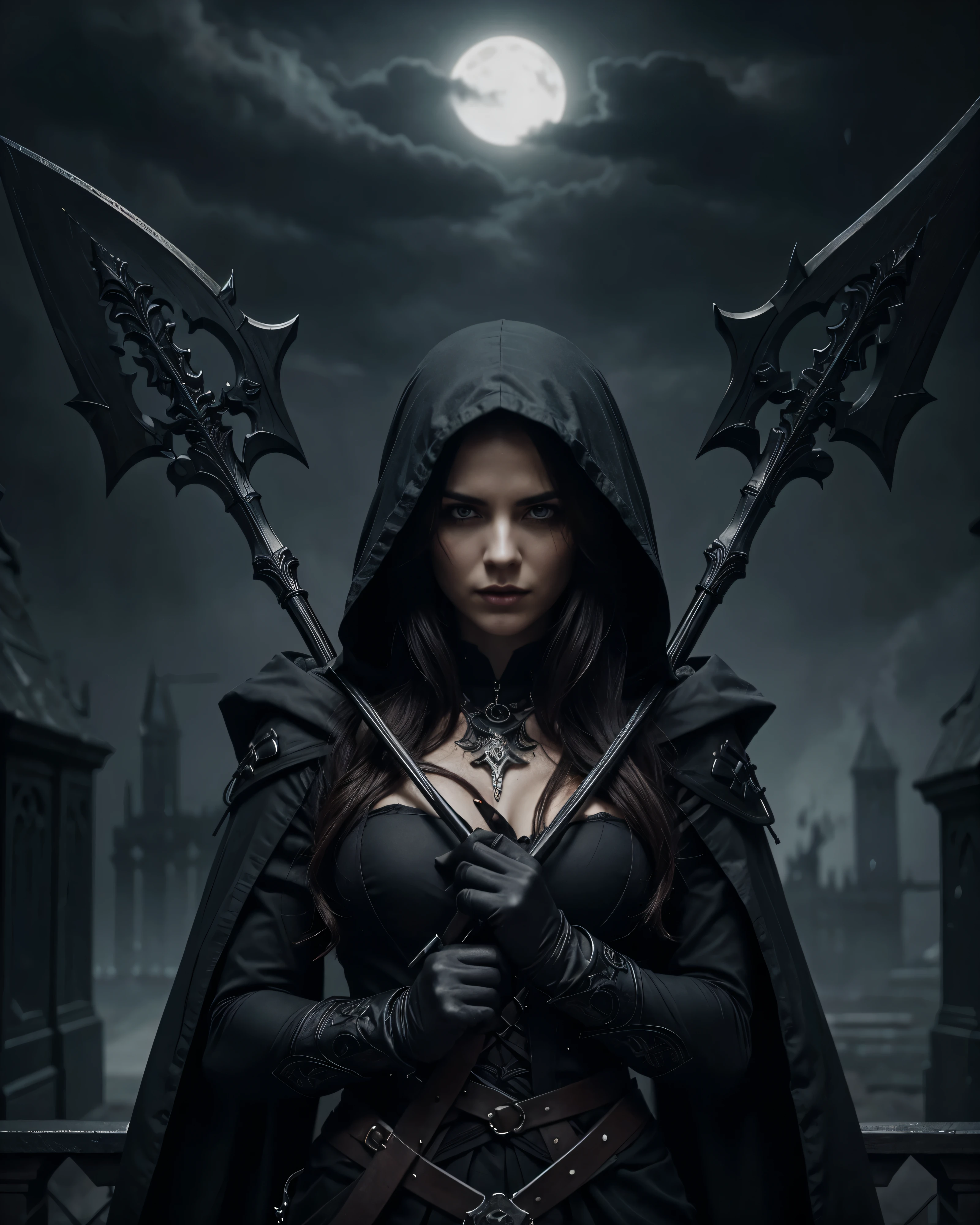 a female grimm reaper warrior, dark hooded robe, scythe weapon, gothic fantasy, intricate details, dark moody lighting, dramatic pose, intense glowing eyes, detailed facial features, long flowing hair, dark shadowy background, photorealistic, 8k, highly detailed, cinematic, dramatic lighting, dramatic atmosphere, striking pose