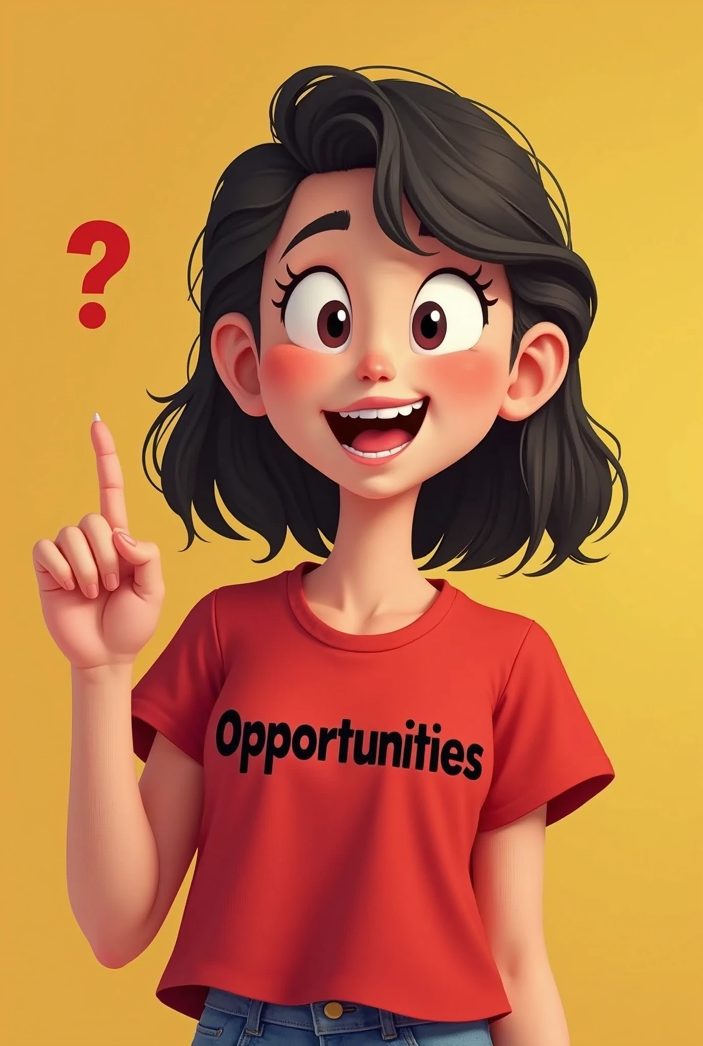 Create a student with a red t-shirt and that shirt has in black letters that say Opportunities with a raised finger as if an idea had occurred to her, that it be animated as a cartoon