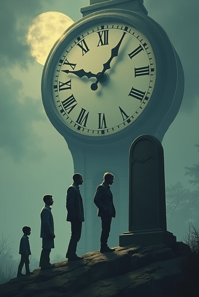 It generates the image of the death of a man over time But in the way that the human being grows from child to old man and then a tombstone at the end and a large clock in the background 