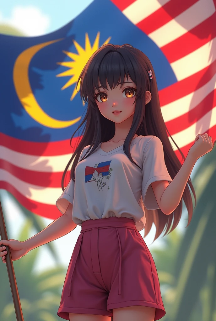 Big boobs anime girl holding Malaysian flag wearing white dress winking and doing peace sign