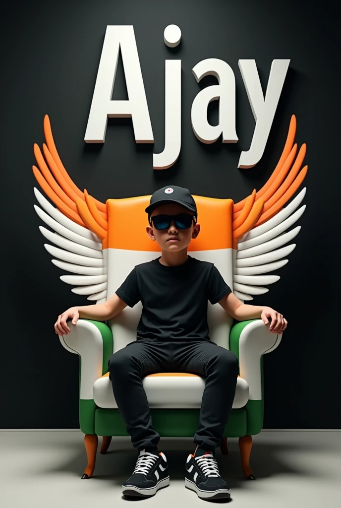 Create a 3D ilusion picture where a boy in a black shirt sits casually on a india flag Chair. Wearing sneakers, a black cricket cap, and sunglasses, he looks ahead. The back ground features  "Ajay" in big and capital white fonts on the black wall. There should not be his shadow, and there are wings to make it appear as if he is an angel.