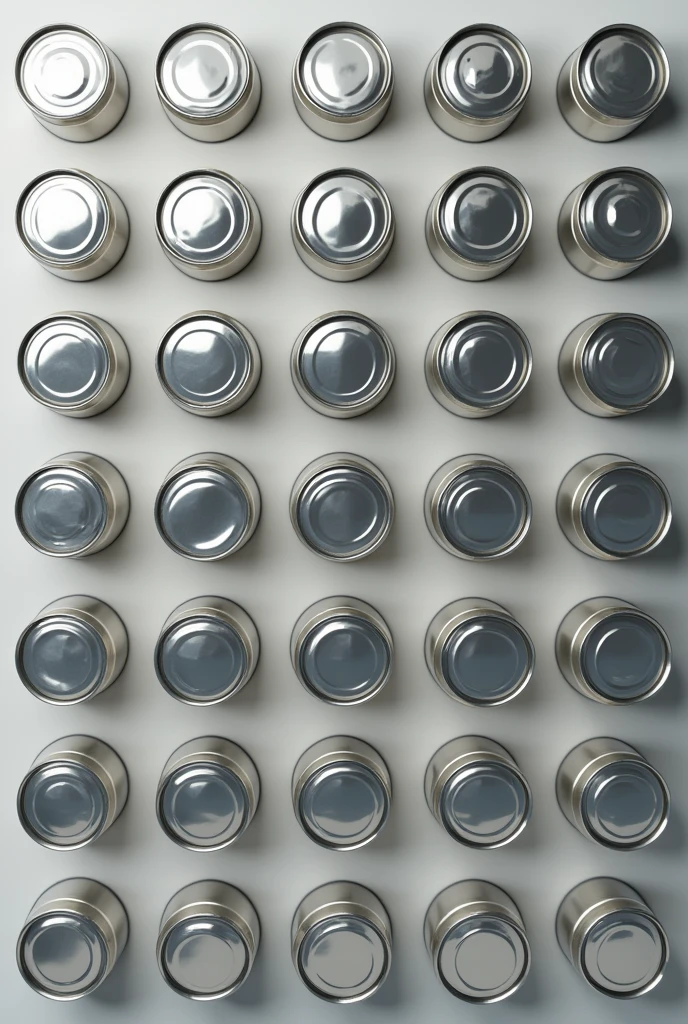 Generate 30 cans with different dents each and that have shine