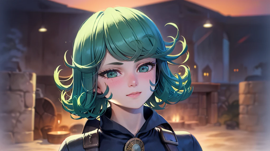 (work of art, best qualityer:1.4), (whole body), 1 girl, standing alone, out, in a desert with sand and dust, tatsumaki, (pelvic curtain:1.2), long sleeves, black gown, (hair green), shorth hair, medium breasts, beautiful smiling, beautiful face, high-detailed face, highly-detailed eyes, highly detailed skin, skin pore, underground dispersal, realisitic pupils, full-face blush, fleshy lips, Depth of field, volumetric lighting, sharp focus, absurderes, realisitic proportions, good anatomy, (realisitic, hyperrealisitic:1.4), 16k hdr