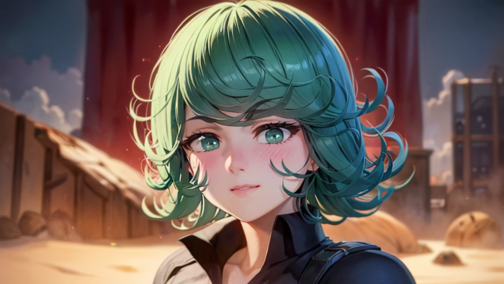 (work of art, best qualityer:1.4), (whole body), 1 girl, standing alone, out, in a desert with sand and dust, tatsumaki, (pelvic curtain:1.2), long sleeves, black gown, (hair green), shorth hair, medium breasts, beautiful smiling, beautiful face, high-detailed face, highly-detailed eyes, highly detailed skin, skin pore, underground dispersal, realisitic pupils, full-face blush, fleshy lips, Depth of field, volumetric lighting, sharp focus, absurderes, realisitic proportions, good anatomy, (realisitic, hyperrealisitic:1.4), 16k hdr