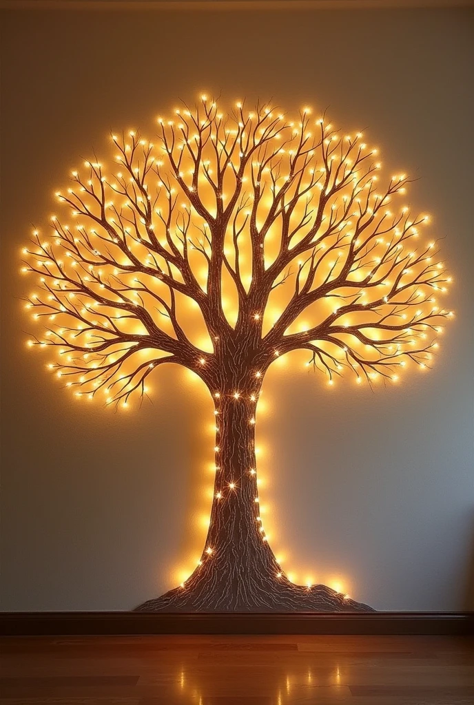 Create an artistic wall decor featuring a large, hand-drawn tree with intricate branches spreading across the wall. The tree should have spaces between the branches where serial lights are carefully woven in, illuminating the tree's outline. The lights should resemble glowing, warm fairy lights, adding a soft, ambient glow to the entire design. The background should be a neutral, textured wall that contrasts with the glowing tree design. Make it very simple drawing in tree