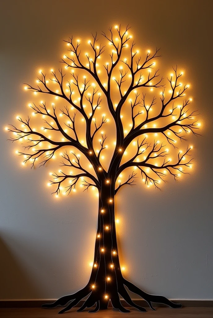 Create an artistic wall decor featuring a large, hand-drawn tree with intricate branches spreading across the wall. The tree should have spaces between the branches where serial lights are carefully woven in, illuminating the tree's outline. The lights should resemble glowing, warm fairy lights, adding a soft, ambient glow to the entire design. The background should be a neutral, textured wall that contrasts with the glowing tree design. Make it very simple drawing in tree