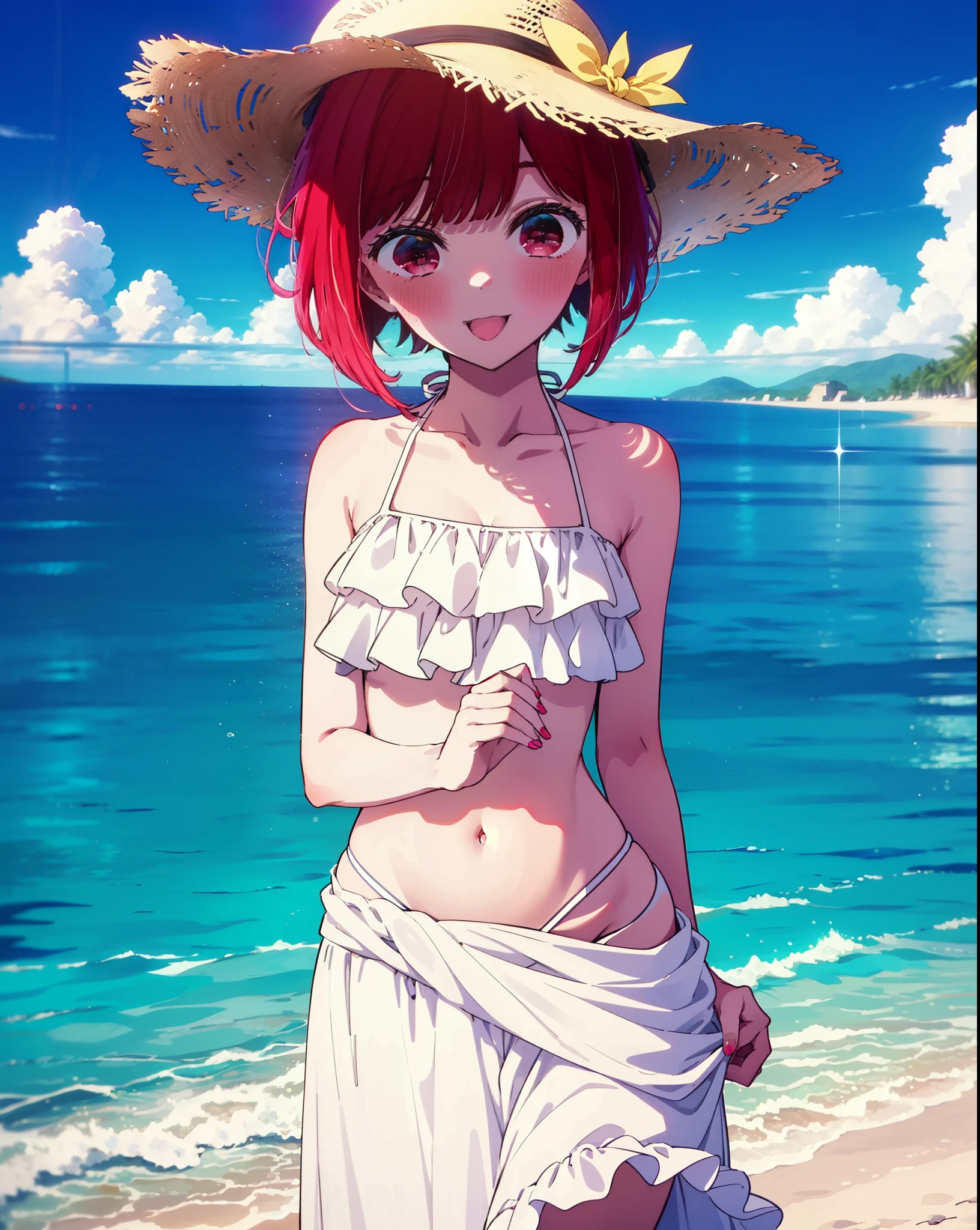 canary, Arima etc., short hair, bangs, (Red eyes:1.3), Redhead, Bobcut, Straw hat,smile,Open your mouth,blush,White string bikini swimsuit with frills,Belly button,abdomen,A thin long skirt is wrapped around her waist,barefoot,Sandy Beachに立っている,whole bodyがイラストに入るように,
break outdoors, Sandy Beach,Beach,
break looking at viewer,whole body,  
break (masterpiece:1.2), Highest quality, High resolution, unity 8k wallpaper, (figure:0.8), (Beautiful attention to detail:1.6), Highly detailed face, Perfect lighting, Highly detailed CG, (Perfect hands, Perfect Anatomy),