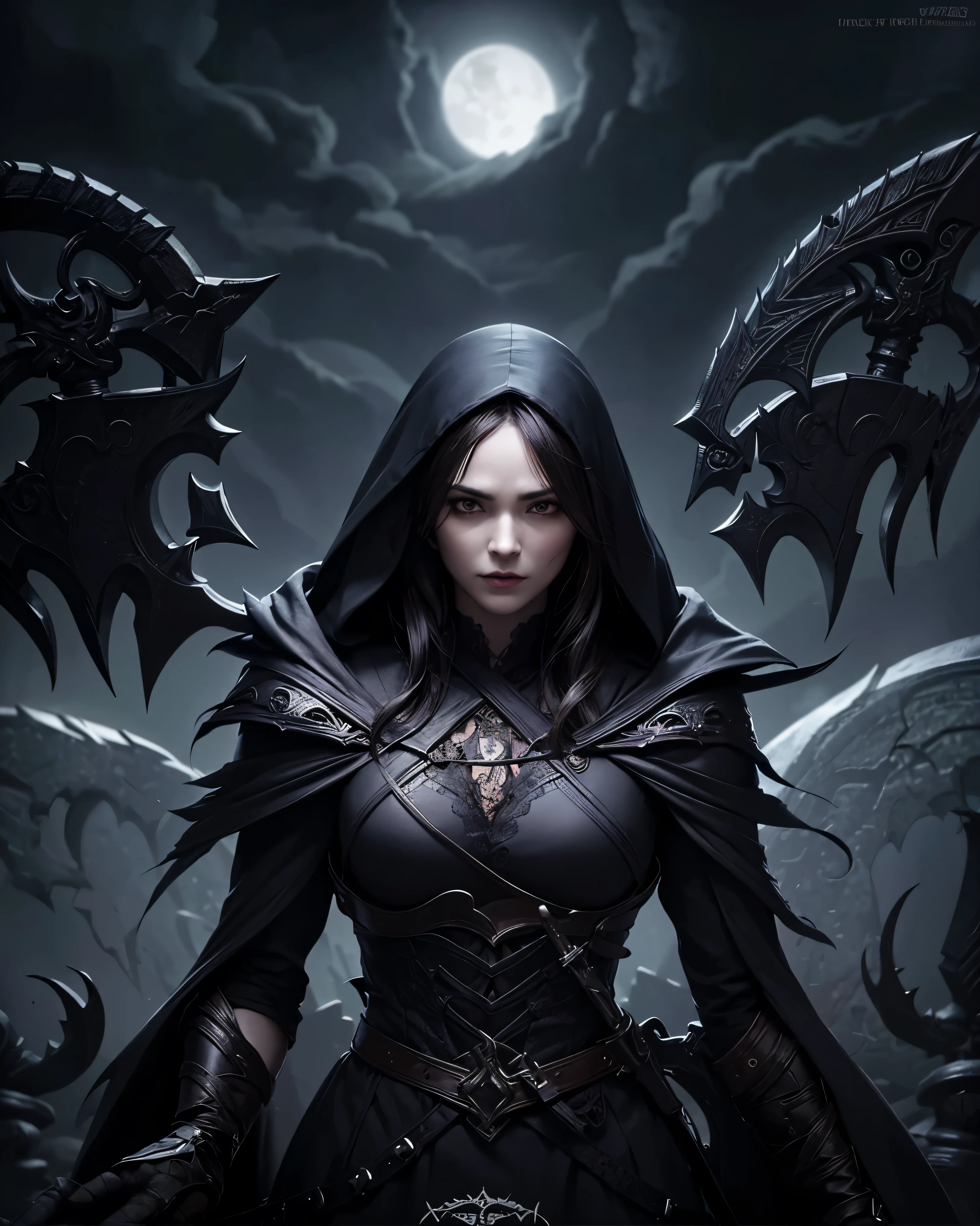 a female grimm reaper warrior, dark hooded robe, scythe weapon, gothic fantasy, intricate details, dark moody lighting, dramatic pose, intense glowing eyes, detailed facial features, long flowing hair, dark shadowy background, photorealistic, 8k, highly detailed, cinematic, dramatic lighting, dramatic atmosphere, striking pose
