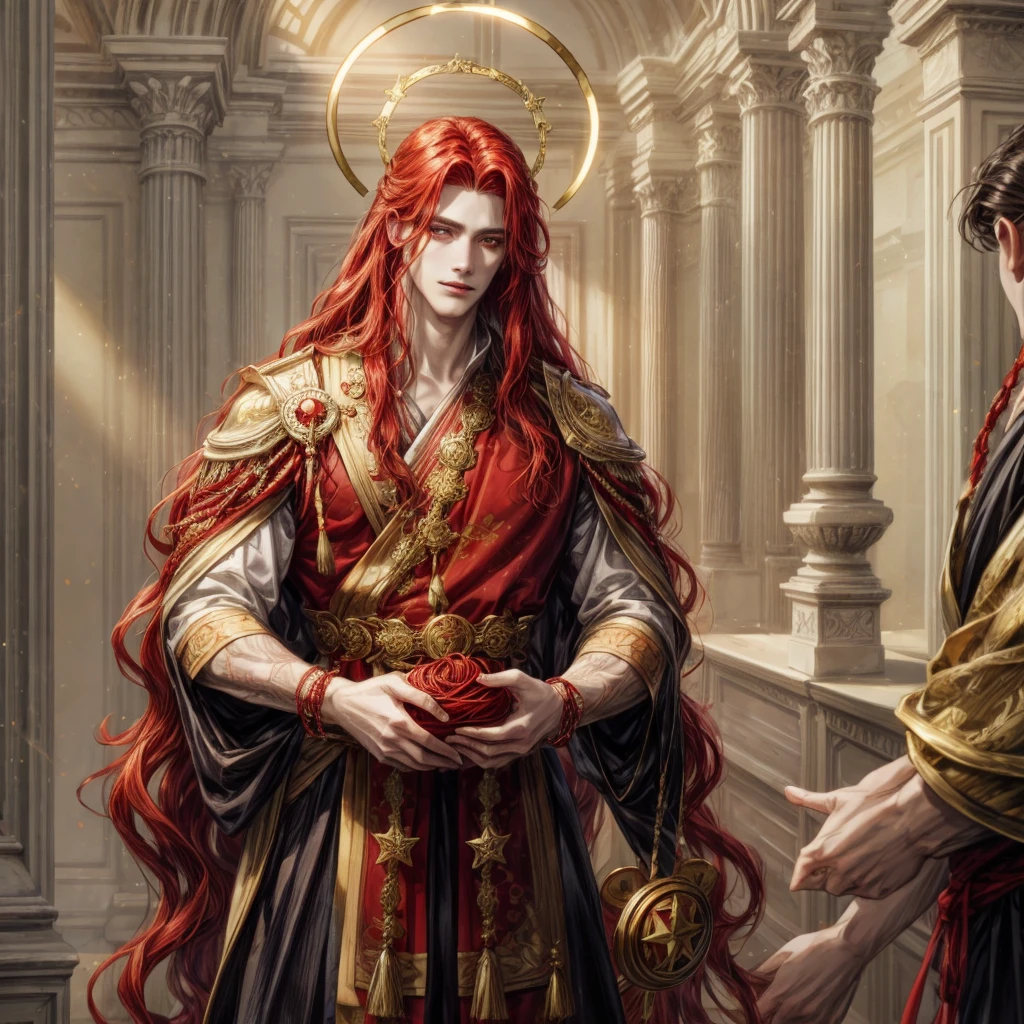 A man with red long hair and gold eyes, wear an ancient clothes and have a red string, wear a halo, holding star