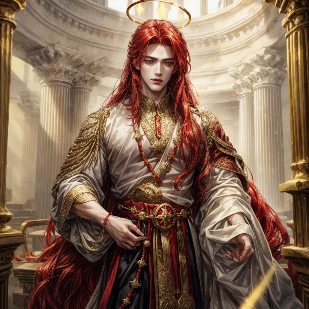 A man with red long hair and gold eyes, wear an ancient clothes and have a red string, wear a halo, holding star
