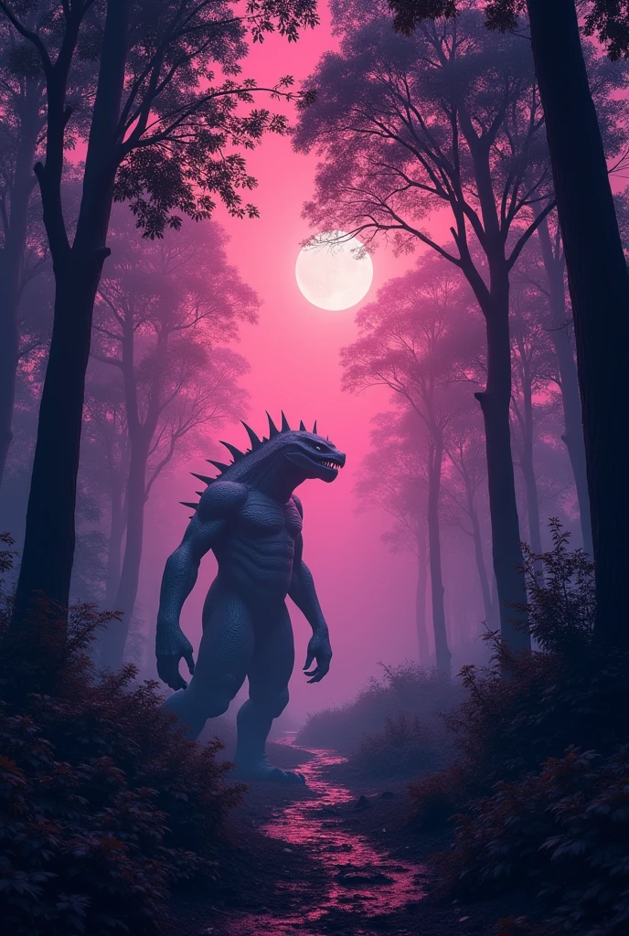 Violate jungle black tree purple and pinky sky and one big monster