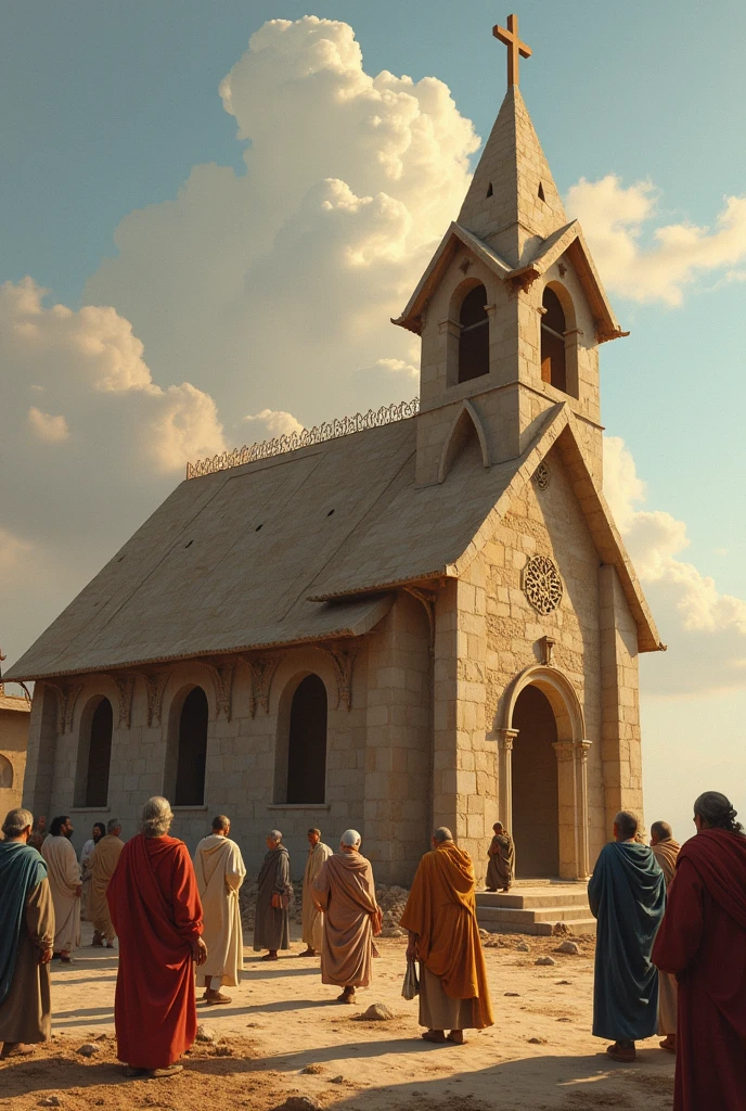OLD AND YOUNG PEOPLE CONSTRUCTING A CHURCH with jesus

