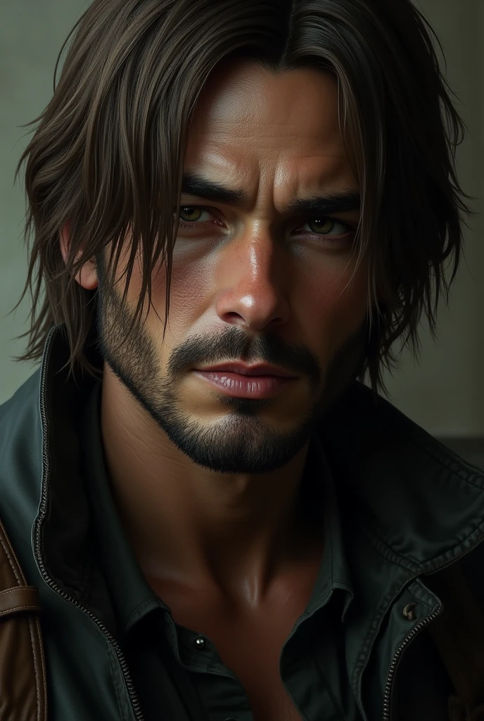 Leon S Kennedy with a goatee and a thin moustache and no side beard. Long hair.