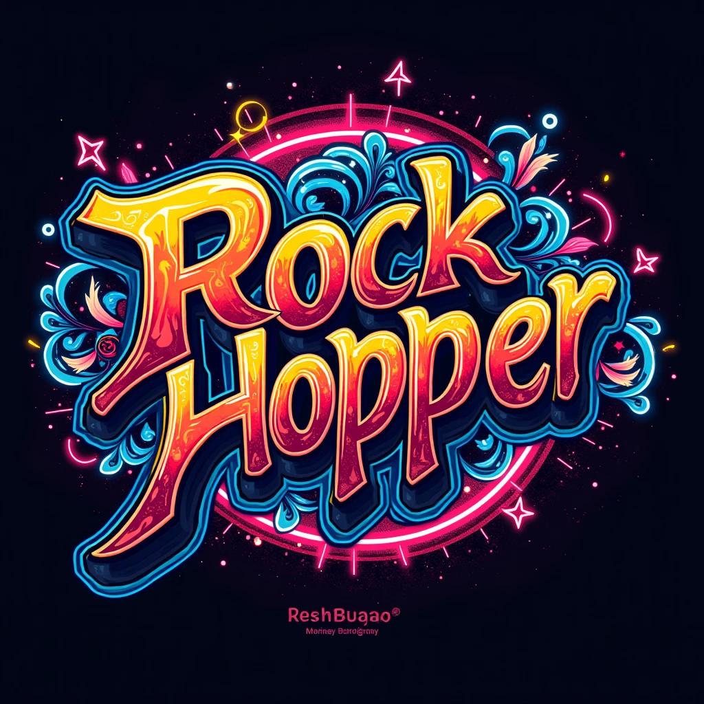 Vibrant, high-fashion photography featuring a bold, streetwear-style graphic that masterfully intertwines vibrant graffiti art, set against a backdrop modern neon Art style, with the phrase "RockHopper" emblazoned in 3D, metallic, graffiti-style lettering, adorned with intricate, swirling patterns, with a predominantly dark, bright color palette punctuated by flashes of neon Reds, electric blues, and sunshine yellows, 