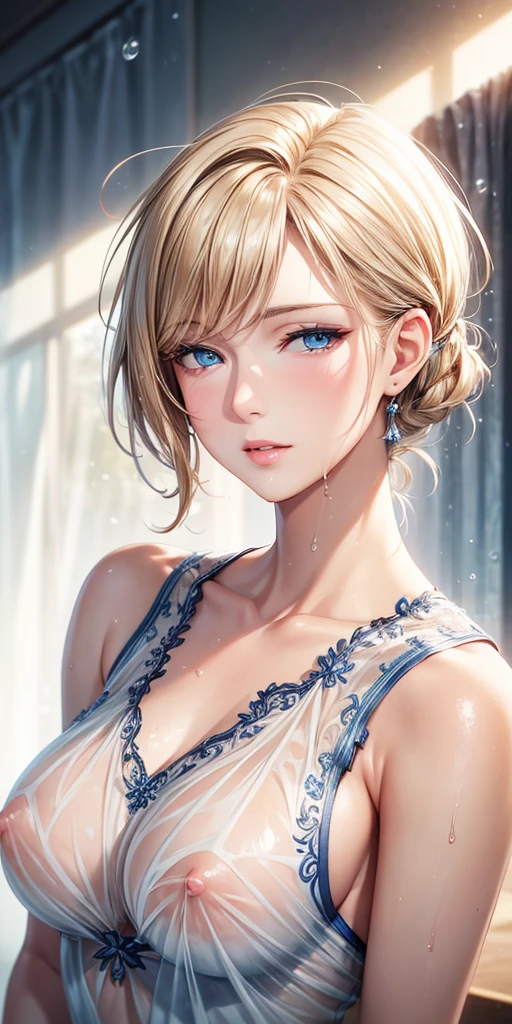 Portraiture, Realistic, Elegant mature woman, blue eyes, Brown blonde hair, Side bangs, 4K resolution, High quality CG, Beautiful CG, Soft Light,Wet, see-through clothes,Transparent nipples,nsfw