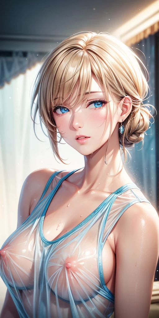 Portraiture, Realistic, Elegant mature woman, blue eyes, Brown blonde hair, Side bangs, 4K resolution, High quality CG, Beautiful CG, Soft Light,Wet, see-through clothes,Transparent nipples,nsfw