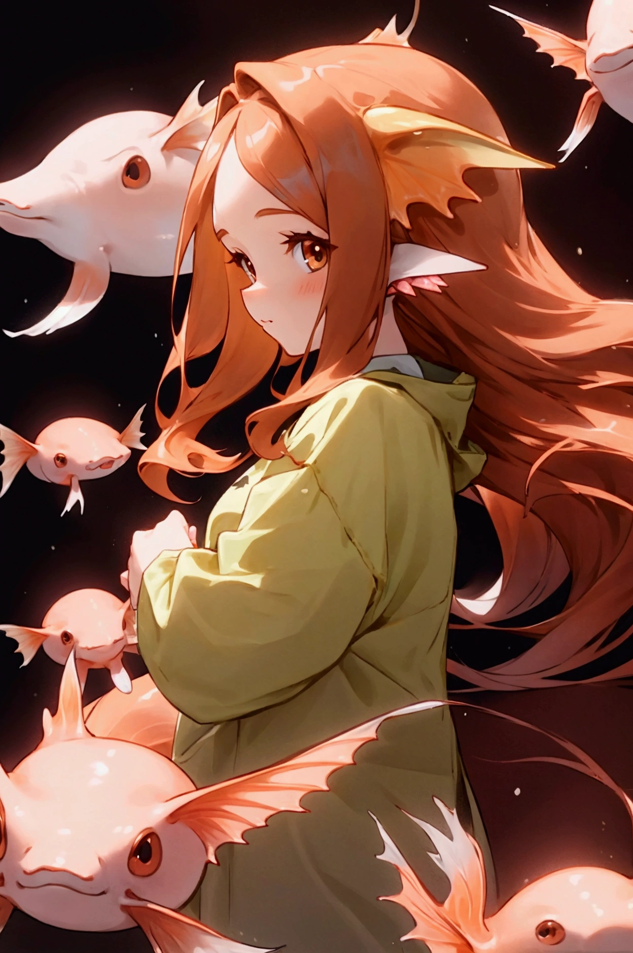 Cute girl, long caramel hair, brown eyes, axolotl tail and gills,