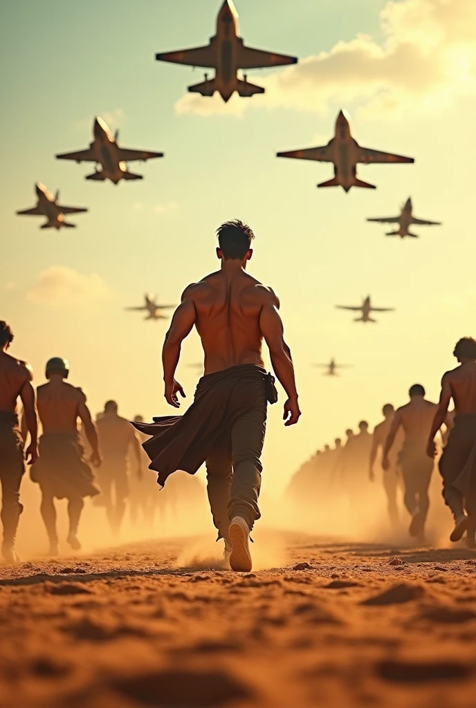 Indian actor Tiger Shroff  he is a desert and many people attack him and many fighter plane fly sky and he look like warrior