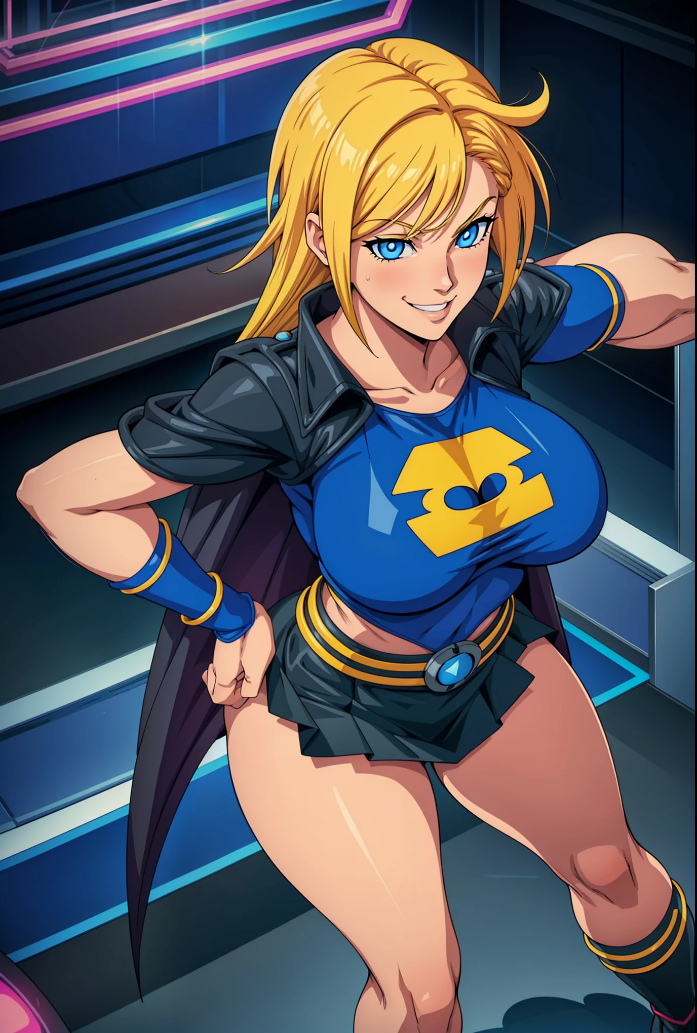 Digital painting of a woman with royal blue and yellow hair, super hero, muscle girl, pose, fist up, from above, 1knee up, Behance Contest Winner, Afrofuturism, Synthwave, neon, glowing neon, sagging massive breasts,cape,highschool skirt,((cute smile)),
