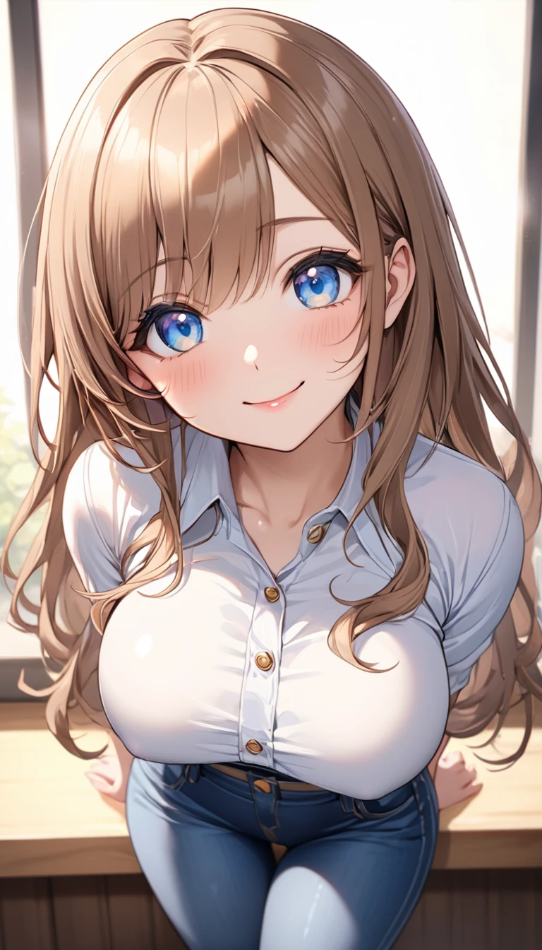 masterpiece, Highest quality, Very detailed, ,The finer details, Anime Style, One Girl, 22 years old, Cute Face、bangs, Large Breasts、Big Ass、Tight waist, front、Long brown hair、Beautiful Eyes、Light blue eyes, Shiny Hair, Look at the photographer、 とってもCute Face, smile、Cute and sexy pose that emphasizes the breasts, White shirt,、denim 、Shallow depth of field、Looking up