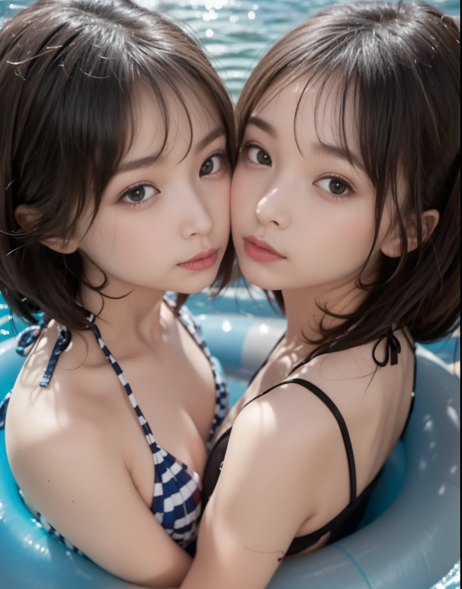 8k,masterpiece,Japanese,best quality, two girls, (kissing:1.1), bikini, (innertube1.7), reluctantly, (blush:1.8), (breasts:1.2)