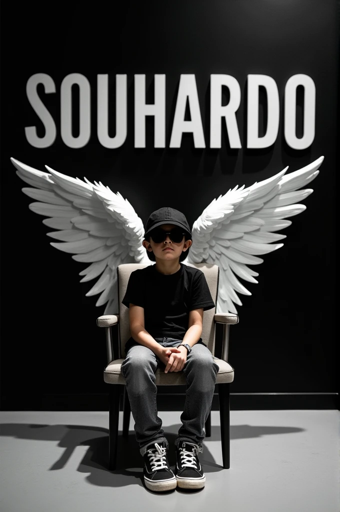 Create a 3D illusion picture where a boy in a black shirt sits casually on a winkback chair,Wearing sneakers, a black cricket cap,and sunglasses,he looks aheard the back ground feature "Souhardo" in big and capital white fonts on the black wall. There should not be his shadow and there are wings to make it appear as if he as an angel