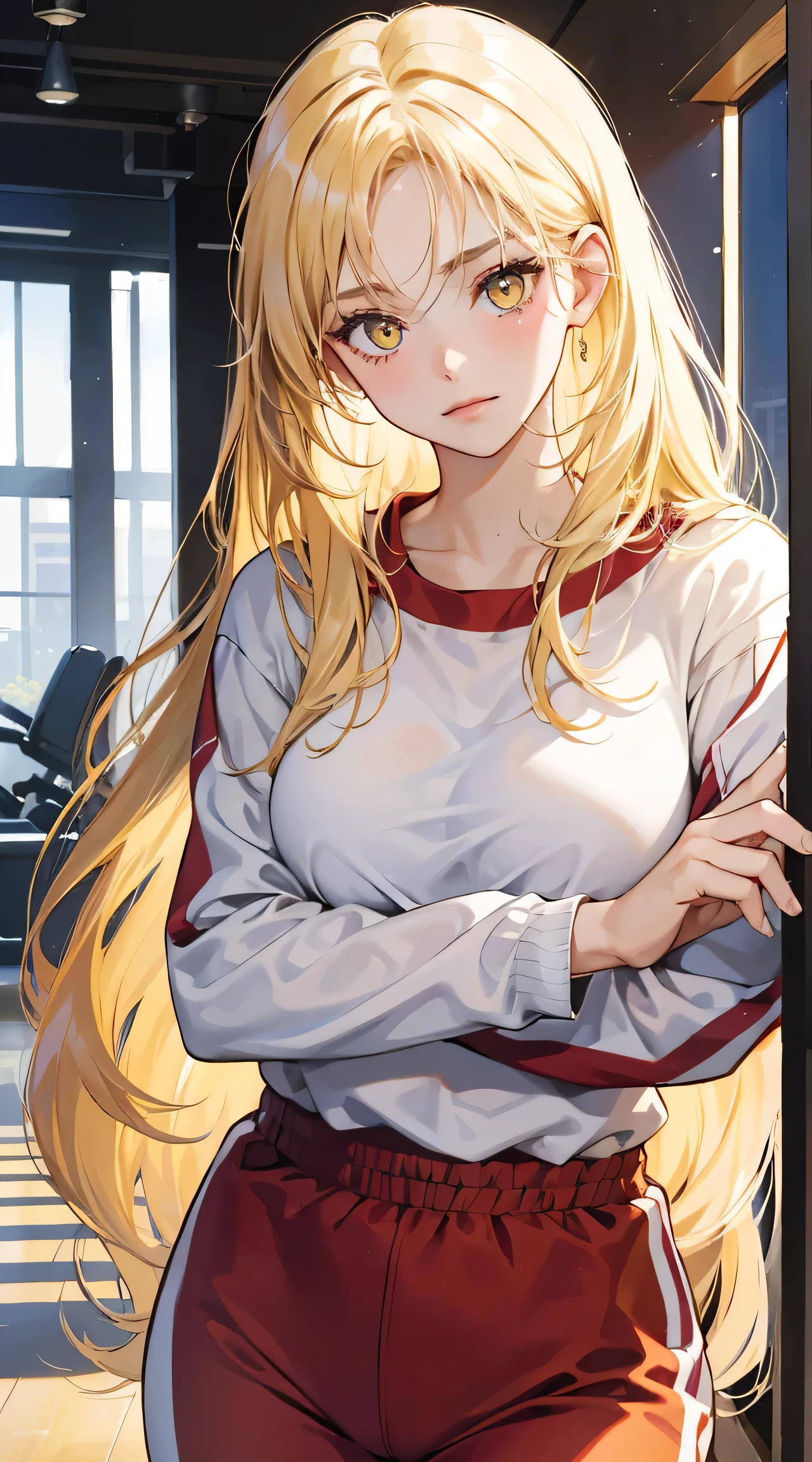 1girl, 30 years old, gym clothes, blonde hair, long hair, blonde, yellow eyes, shy, wearing all white, eligant posture, beautiful