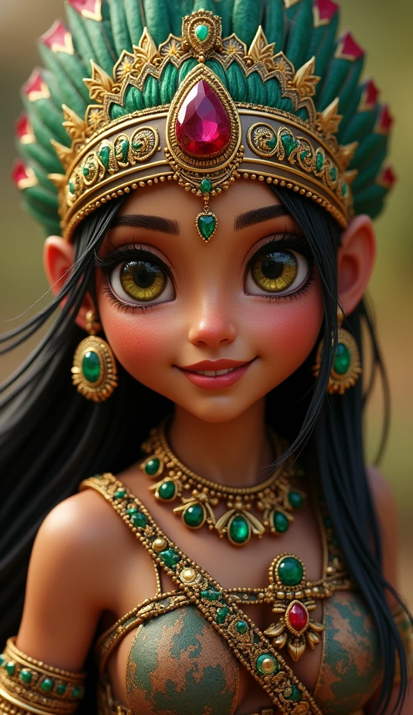 Aztec princess character in Aztec warrior attire, wearing emerald and ruby jewelry, cute, smiling, highly detailed, polished, 40k gold and silver. First person view