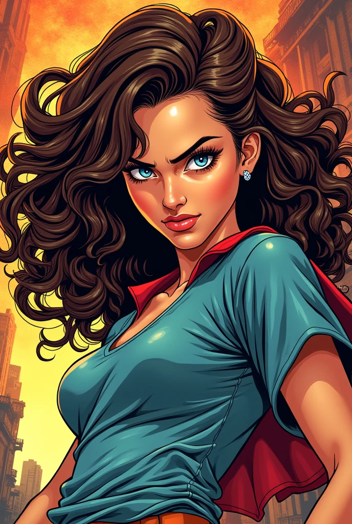 Girl with brown curly hair, parts, blue eyes, lower lip piercing in the style of 90&#39;s comics in an attack

