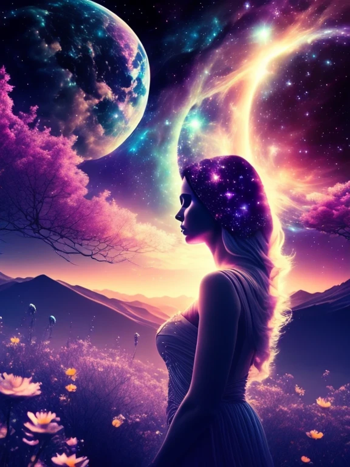 The Cosmic Echoes, Quiet Moments, Quiet Dawn, Journey Into Space, Mystical Dreamer, Astral Traveling, Inner Beauty, Starlight and You, Space Princess, Floating Through Space, Silhouettes, Night Flower, Visions of a New World (Phase I), ((masterpiece, best quality, digital imaging, high resolution photography))