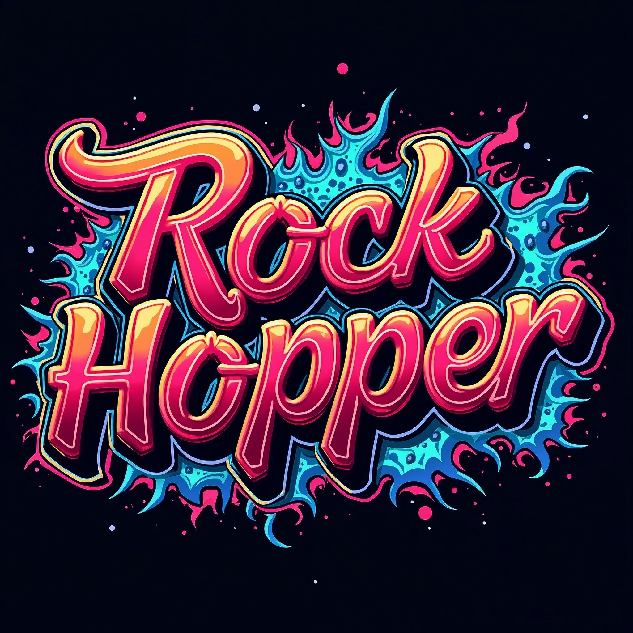 Vibrant, high-fashion photography featuring a bold, streetwear-style graphic that masterfully intertwines vibrant graffiti art, set against a backdrop modern neon Art style, with the phrase "RockHopper" emblazoned in 3D, metallic, graffiti-style lettering, adorned with intricate, swirling patterns, with a predominantly dark, bright color palette punctuated by flashes of neon Reds, electric blues, and sunshine yellows, 
