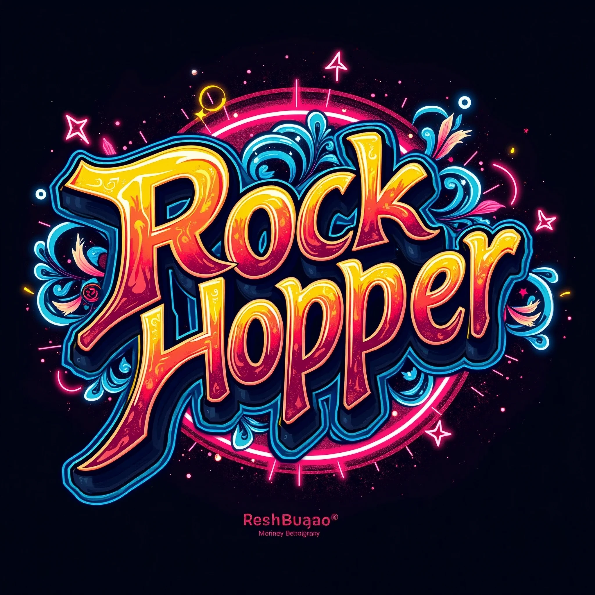 Vibrant, high-fashion photography featuring a bold, streetwear-style graphic that masterfully intertwines vibrant graffiti art, set against a backdrop modern neon Art style, with the phrase "RockHopper" emblazoned in 3D, metallic, graffiti-style lettering, adorned with intricate, swirling patterns, with a predominantly dark, bright color palette punctuated by flashes of neon Reds, electric blues, and sunshine yellows,
