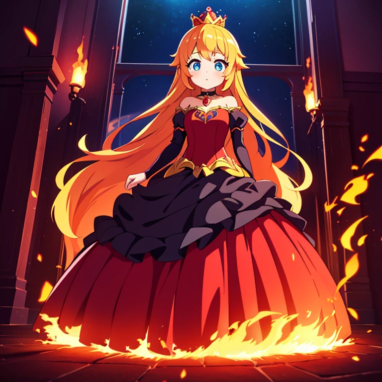 Full body, beautiful eyes , 1 girl , full body , cute girl , anime style , cute eyes , (standing up) , (Fire demon) (ball gown) , crown , hidden legs ,( princess) , (ballgown covers legs),
