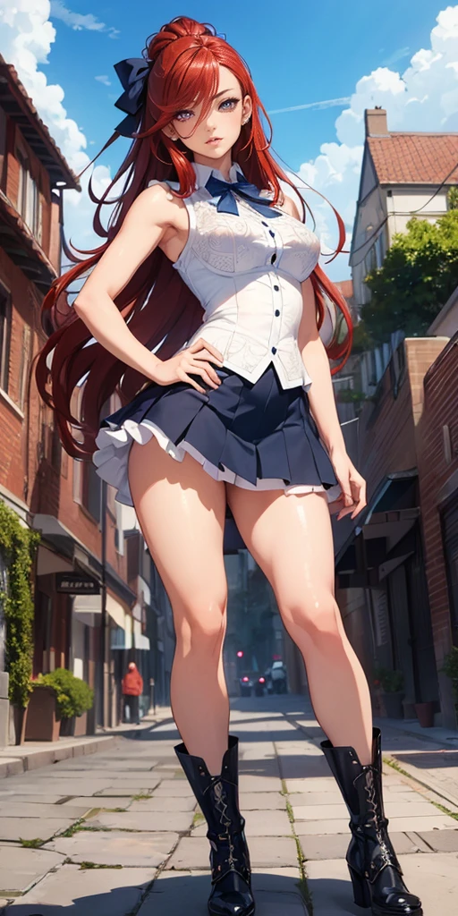 masterpiece, realistics , best quality, high res, best quality, rias gremory, 1girl, solo, long hair, (school uniform|lingere|bikni|bodycon), red hair, ahoge, blue eyes, large breasts, very long hair, breasts, socks, outdoors, standing, spread legs, (skirt lift:1.3), (white thong:1.1), smile,