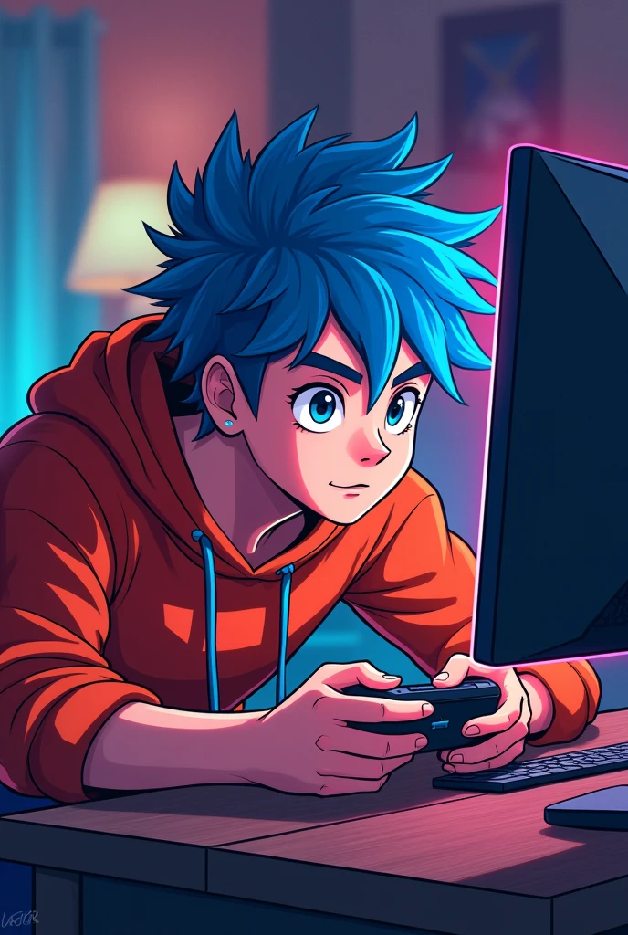 Blue-haired young man playing a game, illustration style