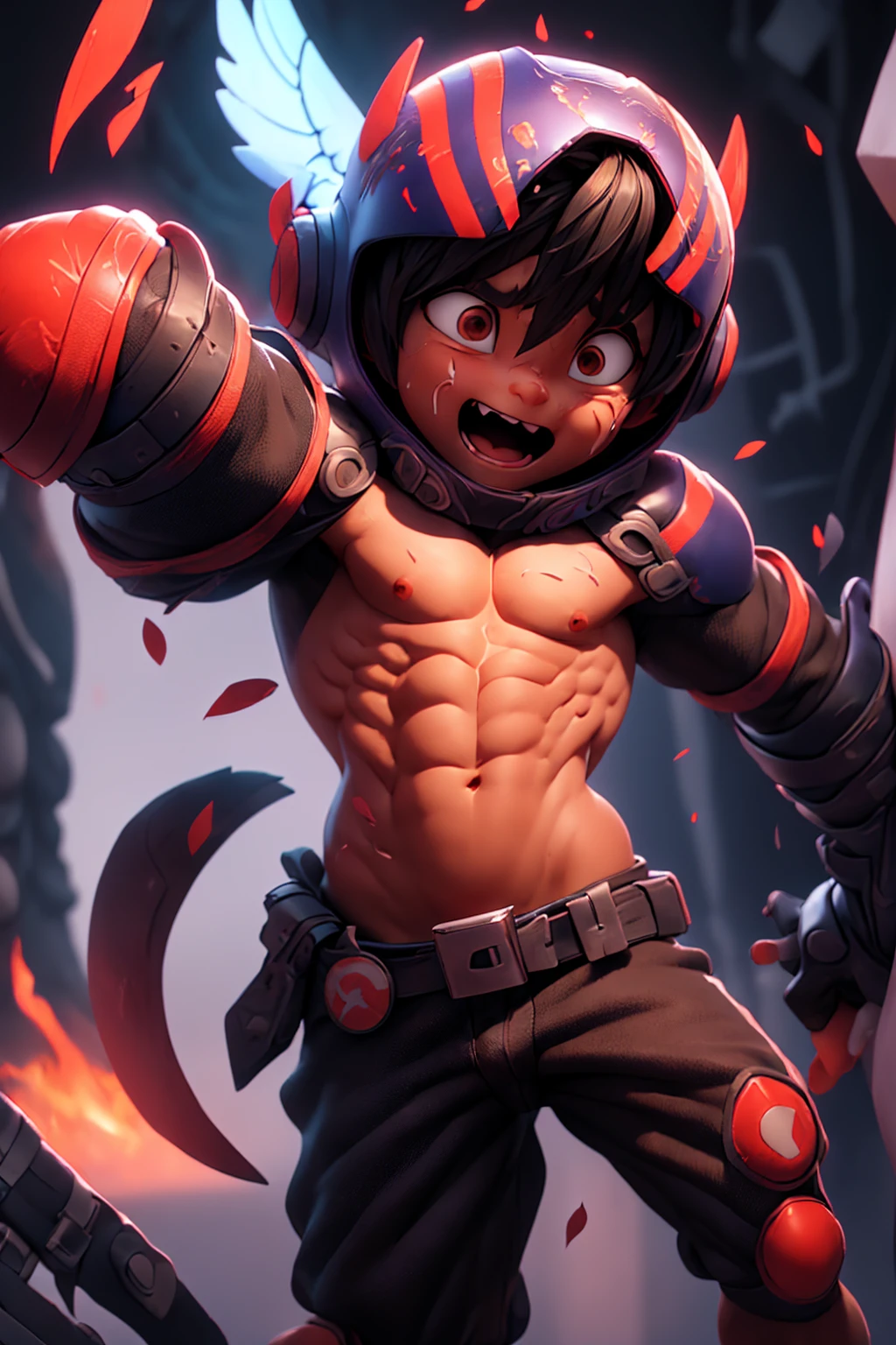 A boy with demonic wings is wearing a hero suit,Mouth wide open to express pain,massive汗とよだれ,Cum dripping from huge erect penis,Showing strength, A well-trained body like a bodybuilder,massive ,Orgy,Masturbation,Red shirt and navy blue hoodie,((Very big penis))