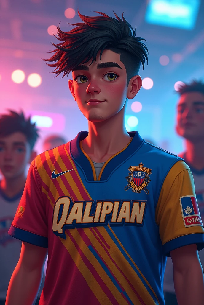 A young man with esports jersy and has a QaLipian name on the back.
