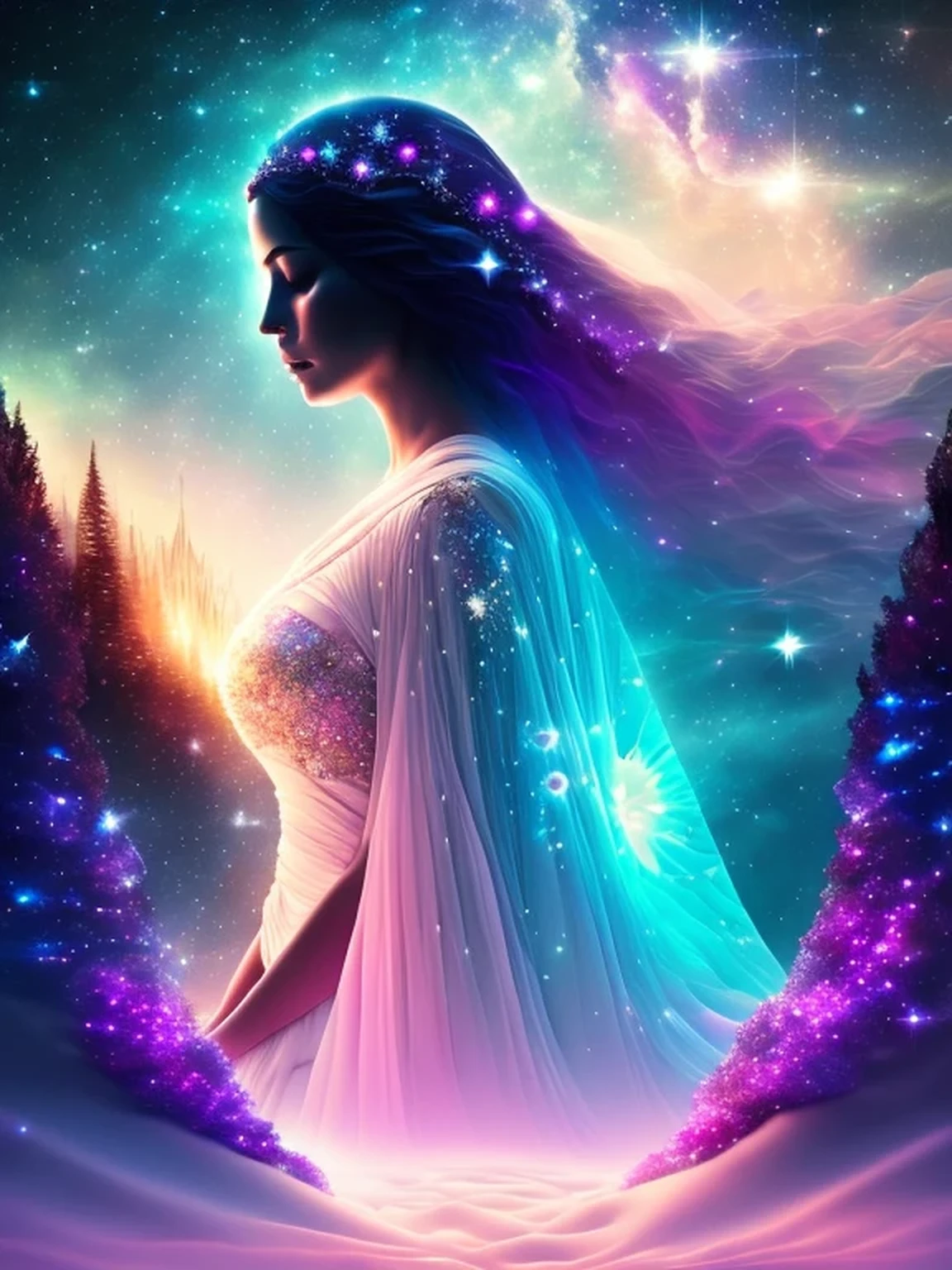 The Cosmic Echoes, Quiet Moments, Quiet Dawn, Journey Into Space, Mystical Dreamer, Astral Traveling, Inner Beauty, Starlight and You, Space Princess, Floating Through Space, Silhouettes, Night Flower, Visions of a New World (Phase I), ((masterpiece, best quality, digital imaging, high resolution photography))